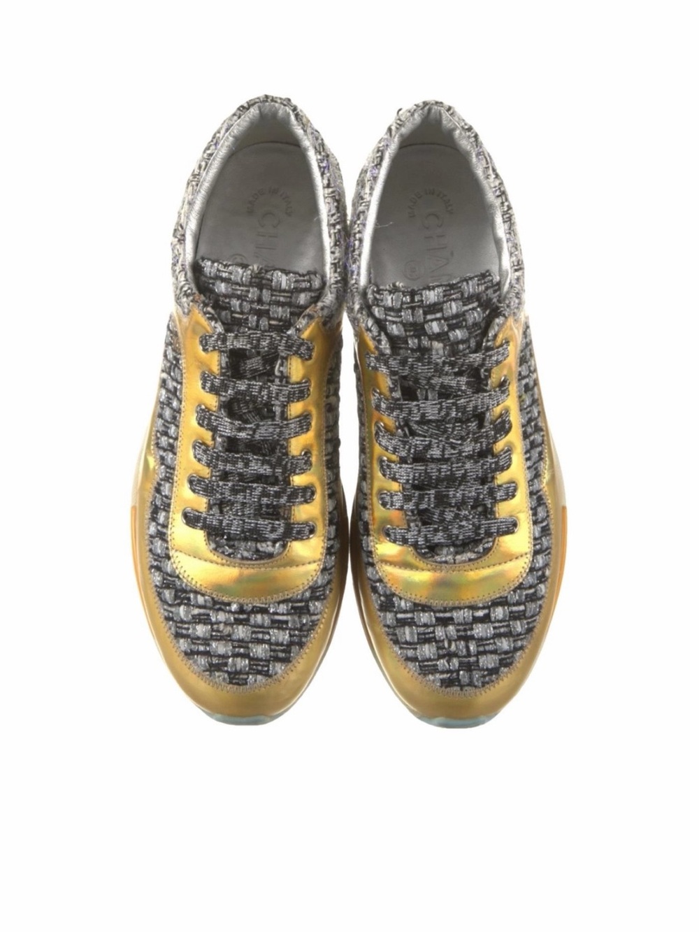 CHANEL Gold and Gray Woven Lace-Up Sneakers